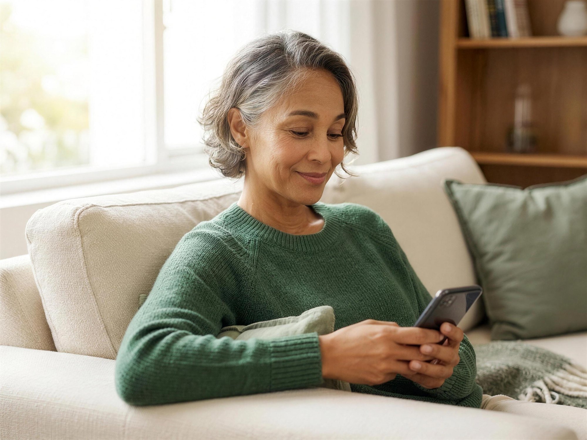 Uma mulher relaxada em casa, acompanhando seu progresso no app