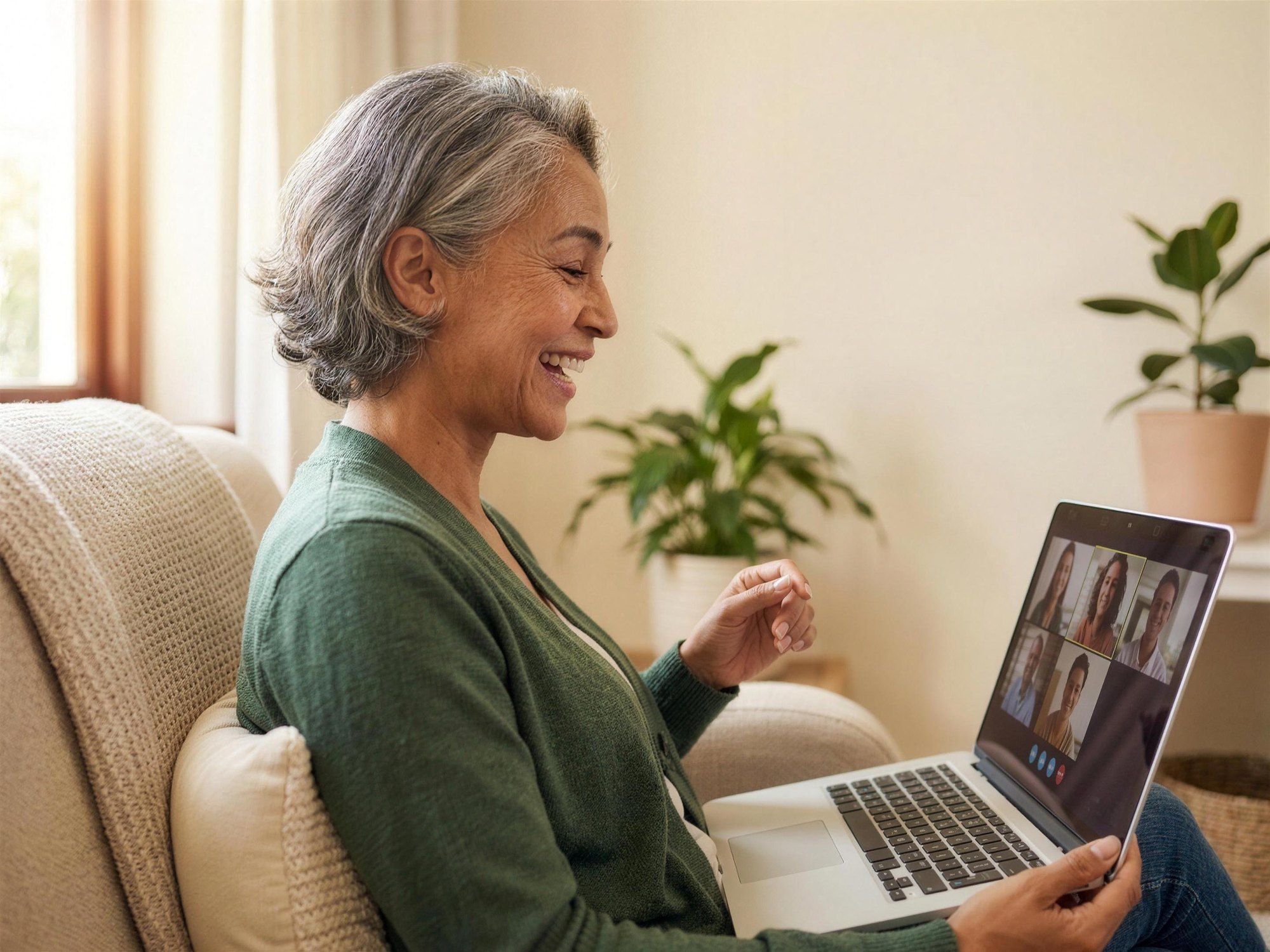 Uma mulher se conectando com carinho à sua comunidade de casa